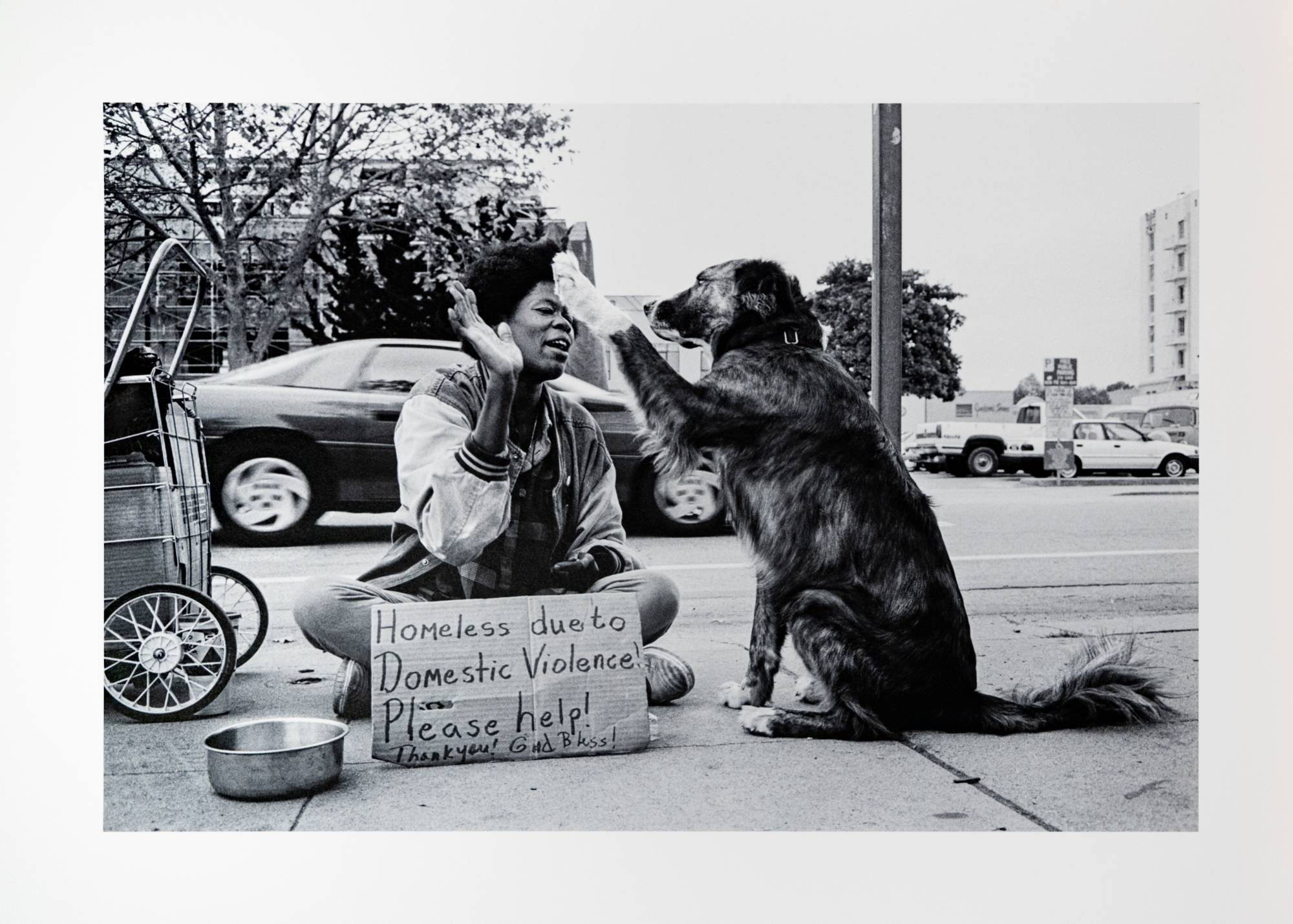 woman sitting on street corner with belongings and her dog
